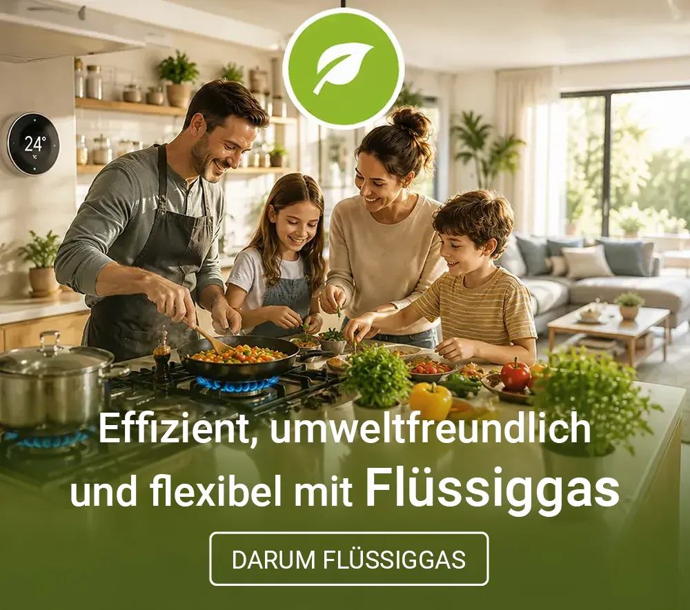 Flüssiggas Werbebanner "Effizient, umweltfreundlich und flexibel mit Flüssiggas". Im Hintergrund ist eine Familie beim Kochen zu sehen.