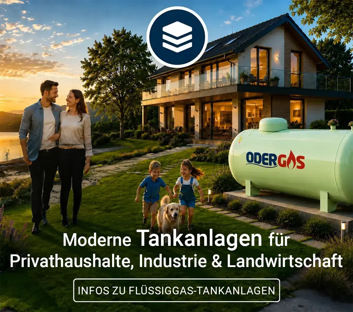 Tankanlagen Banner "Moderne Tankanlagen für Privathaushalte, Industrie und Landwirtschaft". Eine glückliche Familie spaziert durch Ihren Garten und daneben steht ein Oder Gas Tank.