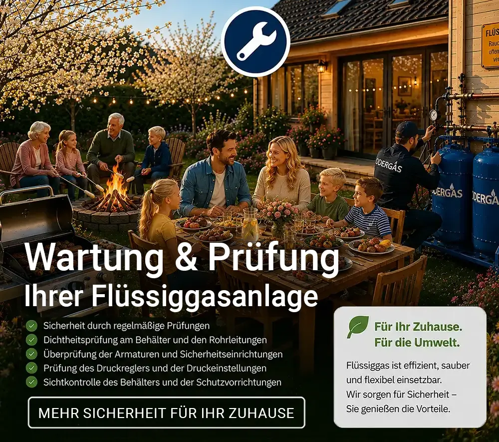Wartung Banner "Wartung und Prüfung Ihrer Flüssiggasanlage". Im Hintergrund sitzt eine Familie bei einer Gartenparty und ein Mitarbeiter wartet währenddessen die Anlage. Punkte sind hierbei: Regelmäßige Sicherheitsprüfungen für einen zuverlässigen und störungsfreien Betrieb. Dichtheitsprüfung von Behälter und Rohrleitungen. Prüfung des Druckreglers inklusive Kontrolle der Druckeinstellung. Kontrolle der Armaturen sowie aller sicherheitsrelevanten Einrichtungen. Sichtprüfung des Behälters und der Schutzvorrichtungen.