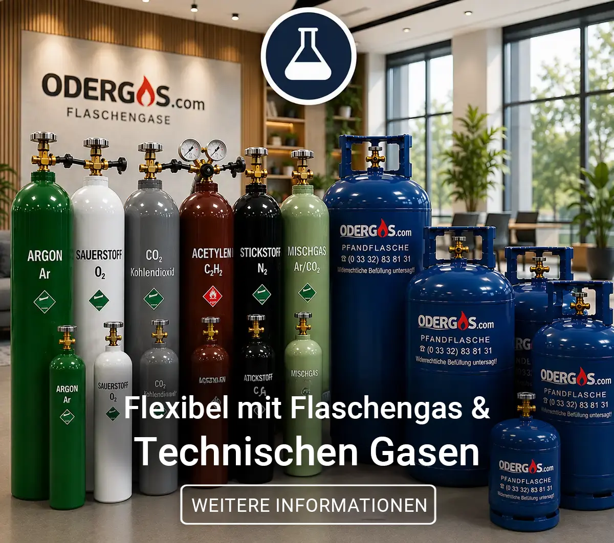 Flaschengas & Technischen Gase Banner "Flexibel mit Flaschengas & Technischen Gasen". In den Firmenräumen stehen mehrere Flaschengase zur Besichtigung dekoriert.